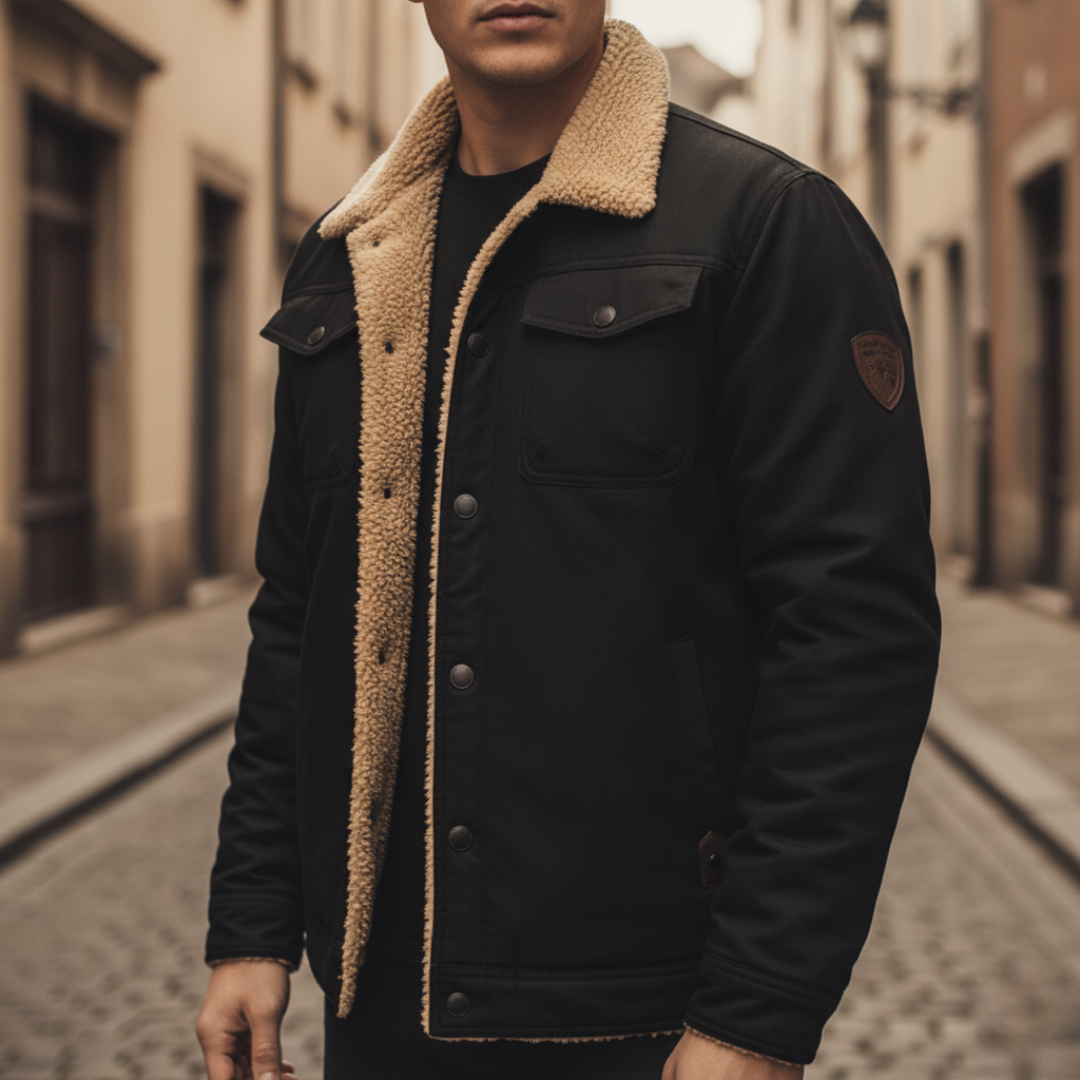 Men's hooded outdoor jacket with adjustable hood, side pockets, durable fabric for cold weather