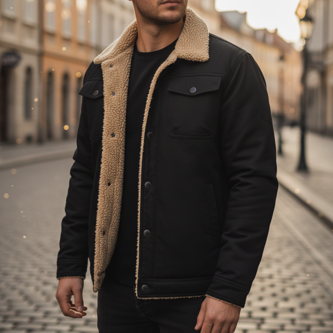 Men's winter jacket with internal fur lining, available in black, blue, green, beige, and brown