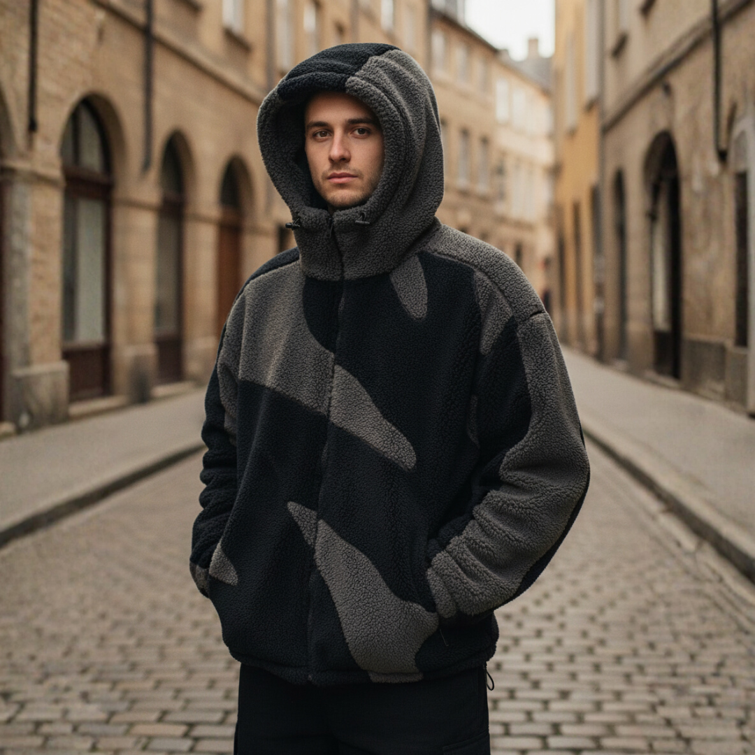 Men's hooded camo jacket soft warm fabric black blue gray pink modern versatile outdoor wear