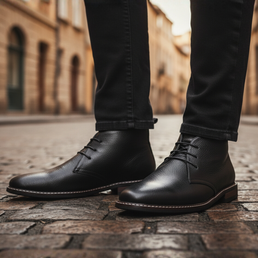 Men's synthetic leather chukka boots in brown classic lace-up design with durable rubber sole