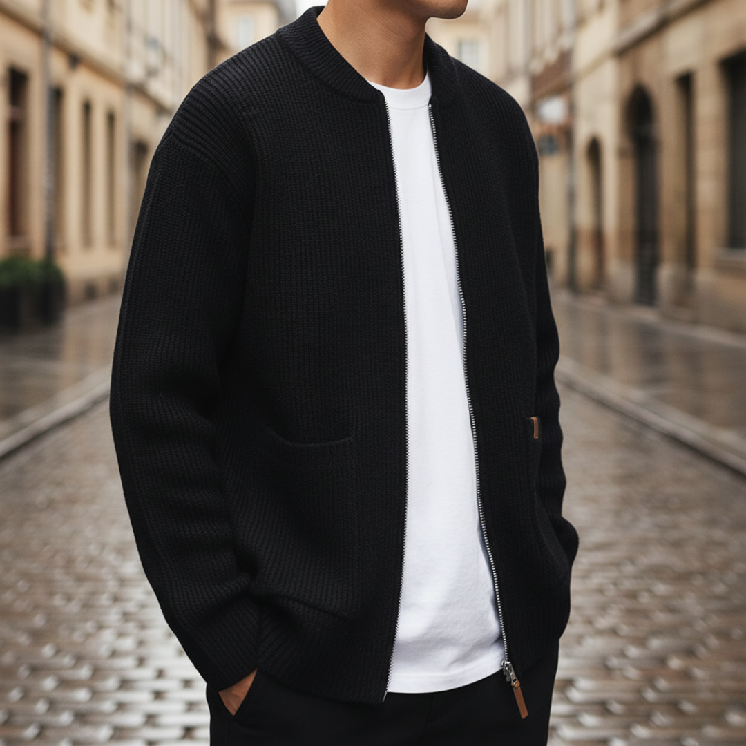 Men's high neck zip cardigan ribbed knit polyester turtleneck slim fit cool weather everyday wear