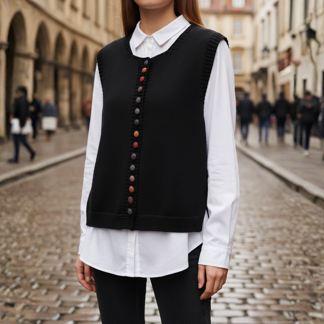 Women's wool acrylic knit vest, V-neck with colorful button side closure for cozy layering