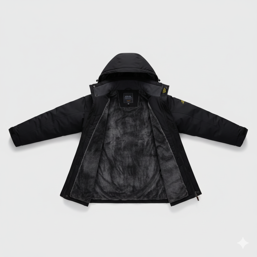 Men's navy padded winter jacket with fixed hood, windproof insulation for outdoor cold weather
