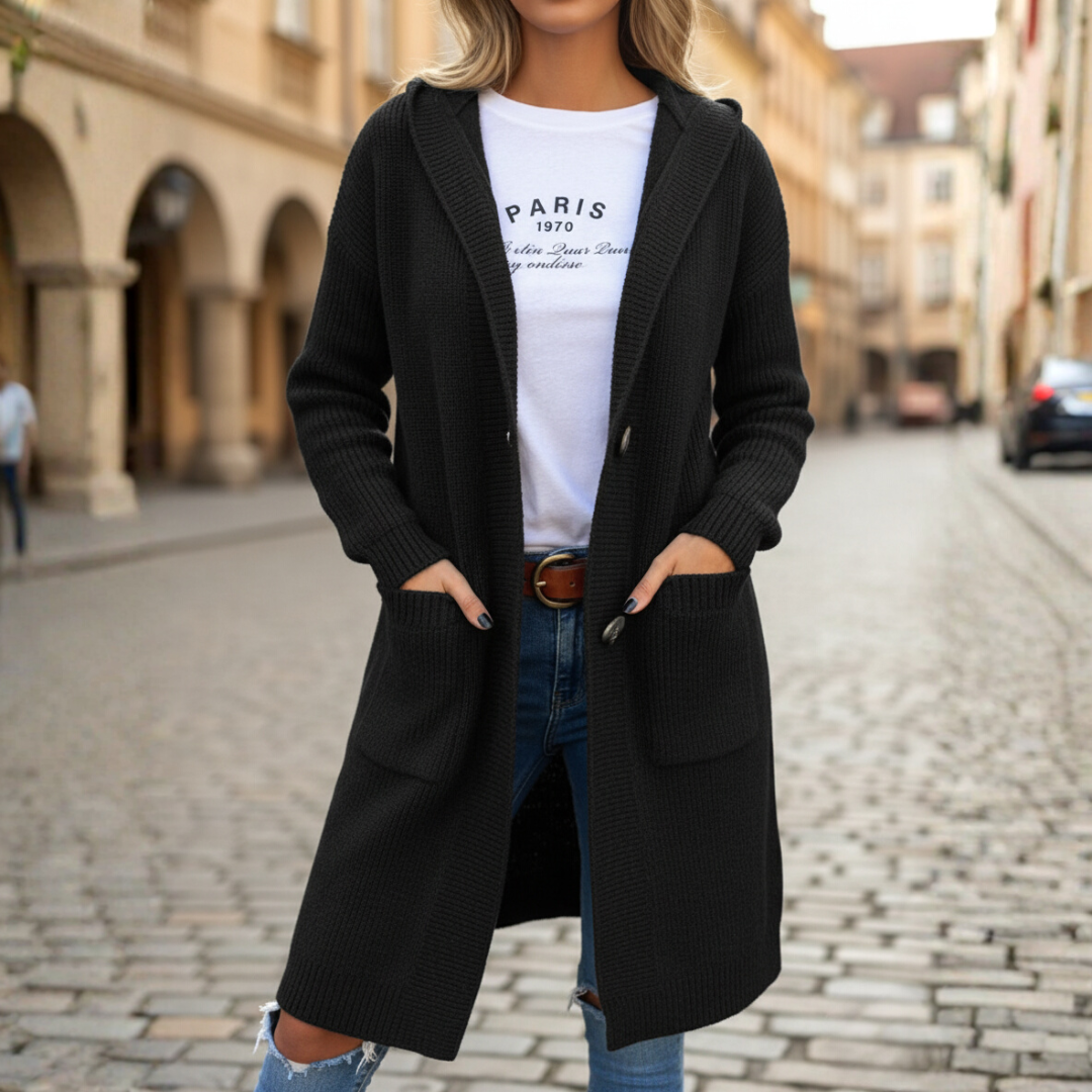 Women's long hooded knit cardigan with front pockets and button closure, cozy acrylic everyday essential
