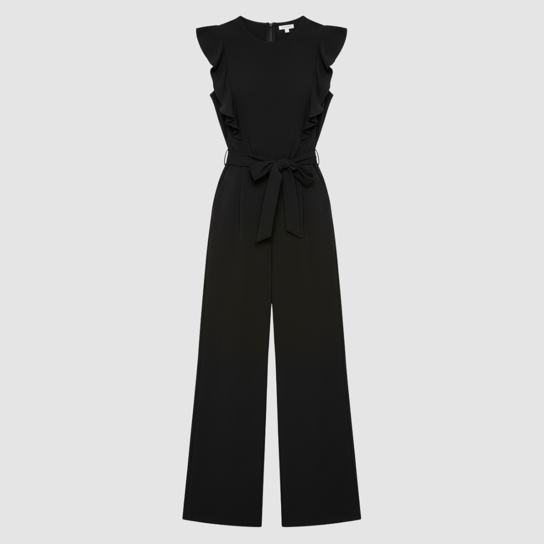 Women's wide-leg jumpsuit with belt, ruched short sleeves, adjustable tie waist, and back zipper