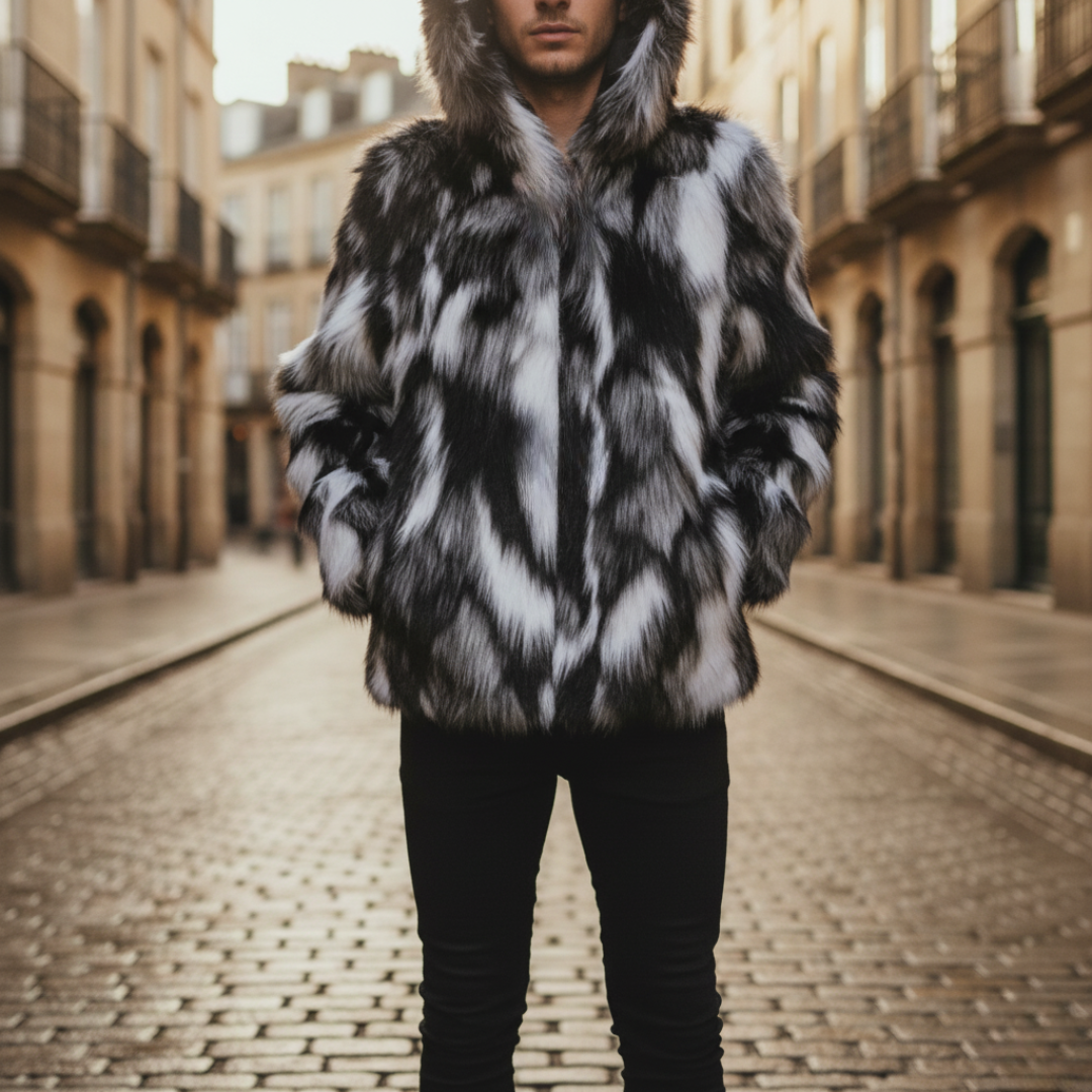 Men's winter jacket black white wolf-effect faux fur hood thermal cold weather everyday style