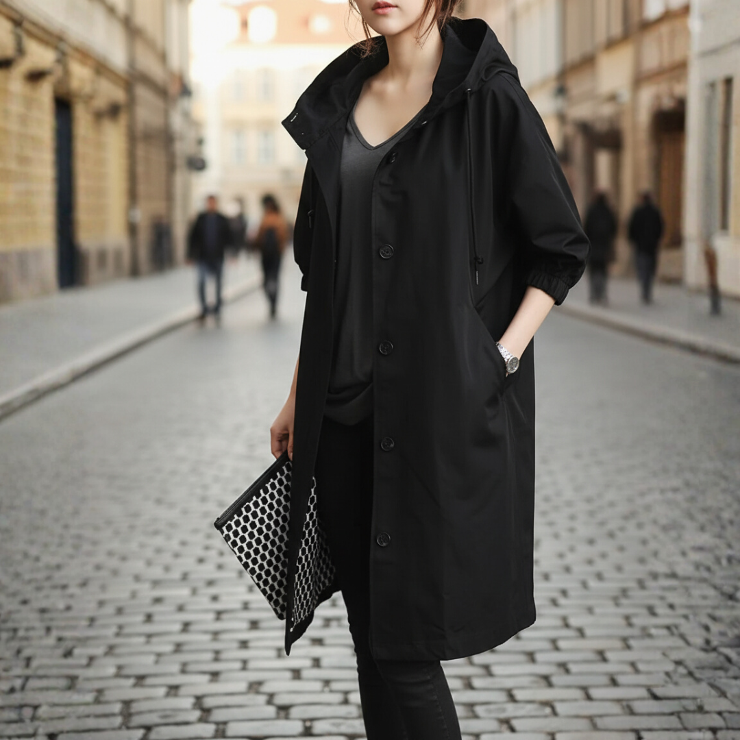 Women's waterproof hooded coat high collar button closure casual all-weather outerwear