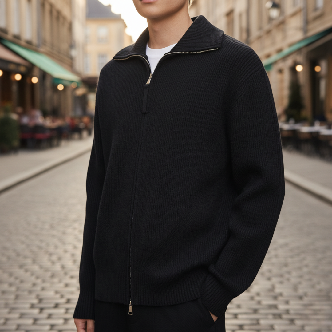 Men's striped mixed material cardigan in black and brown with zip closure for casual everyday style