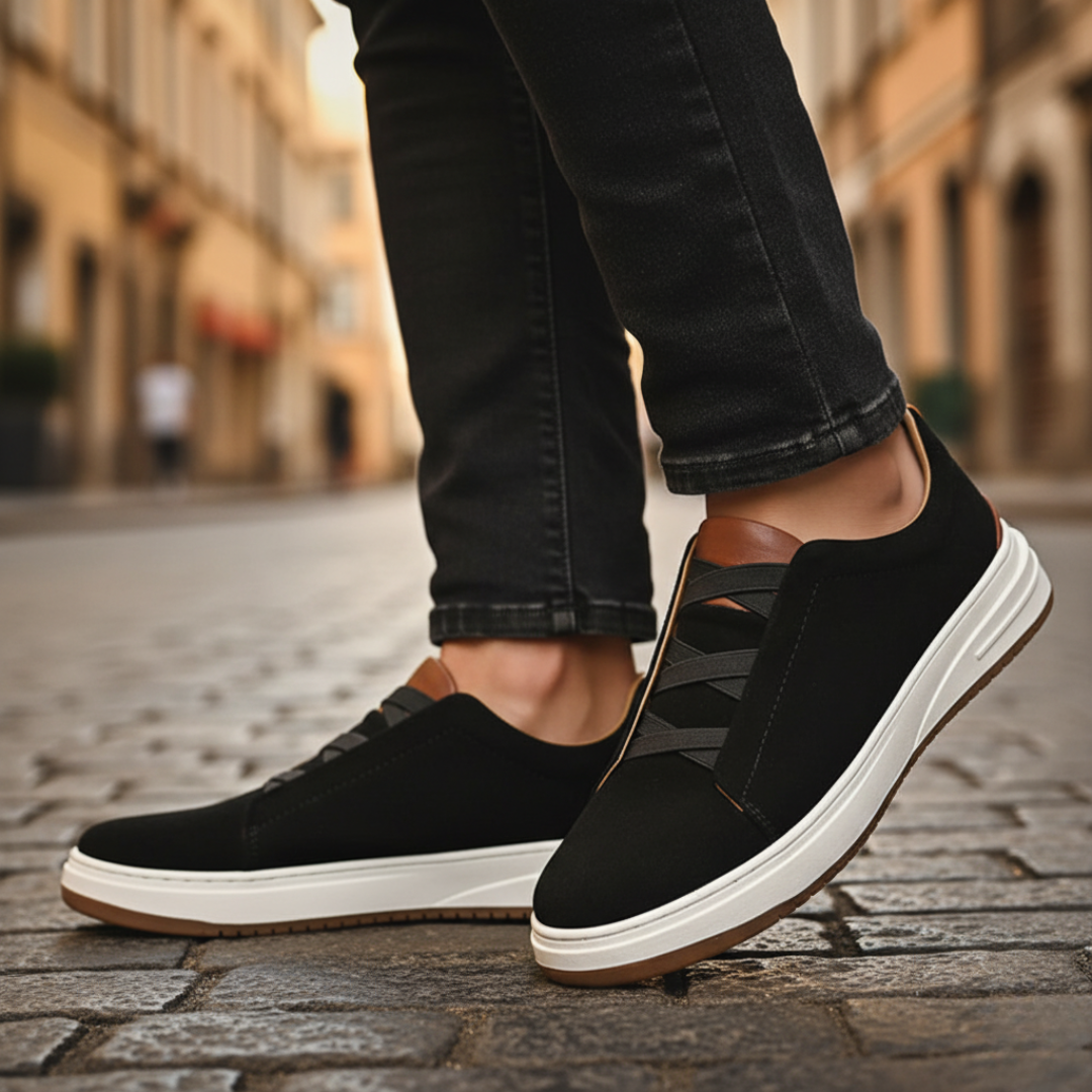 Men's casual fabric sneakers black blue green colorways white sole lightweight textile upper