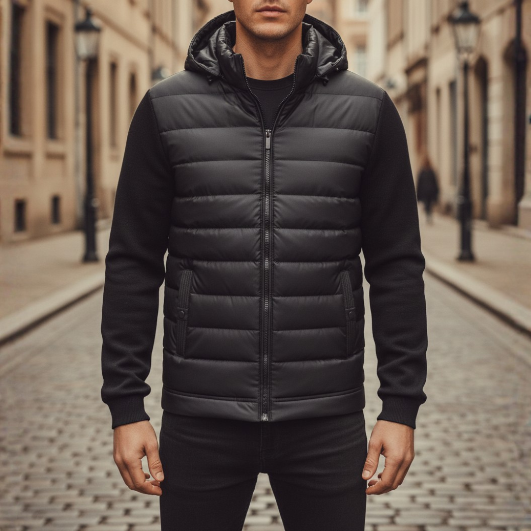 Men's hybrid padded jacket black technical fabric integrated hood front zip slim modern fit