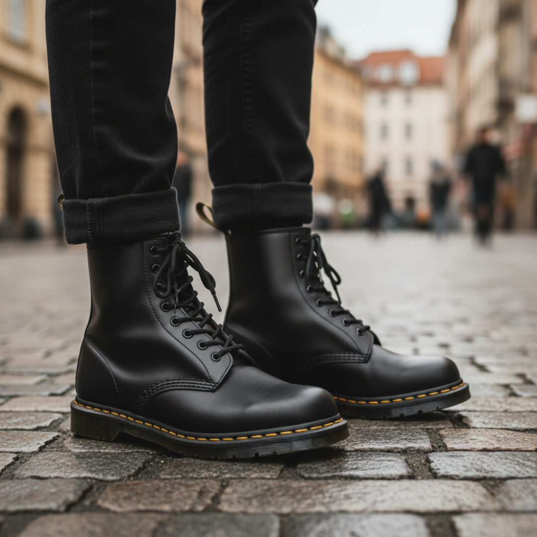 Men's synthetic leather boots in black brown green rugged urban style with breathable inner lining