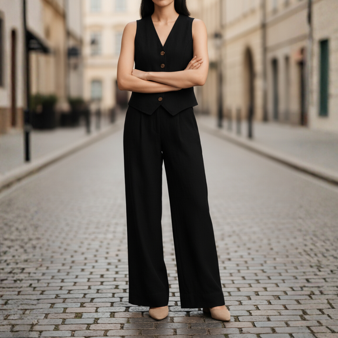 Women's elegant polyester office suit set with buttoned vest and classic-cut trousers professional wear