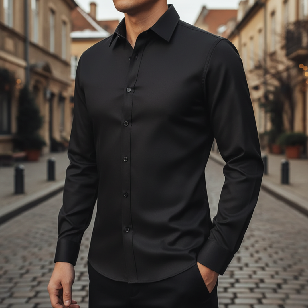 Men's slim fit long sleeve shirt in black breathable soft fabric for work and casual wear
