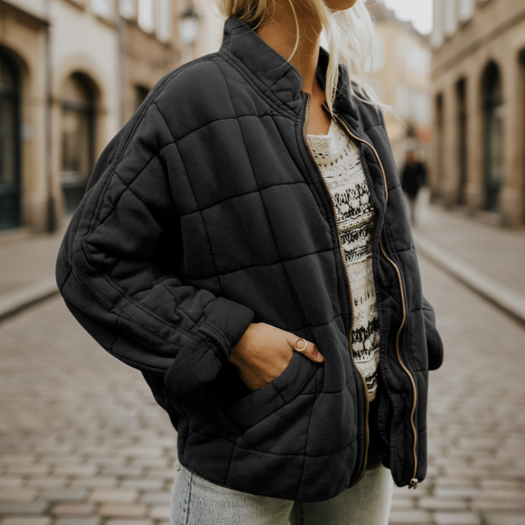 Women's padded jacket with central zip in beige lightweight quilted casual outerwear for daily wear