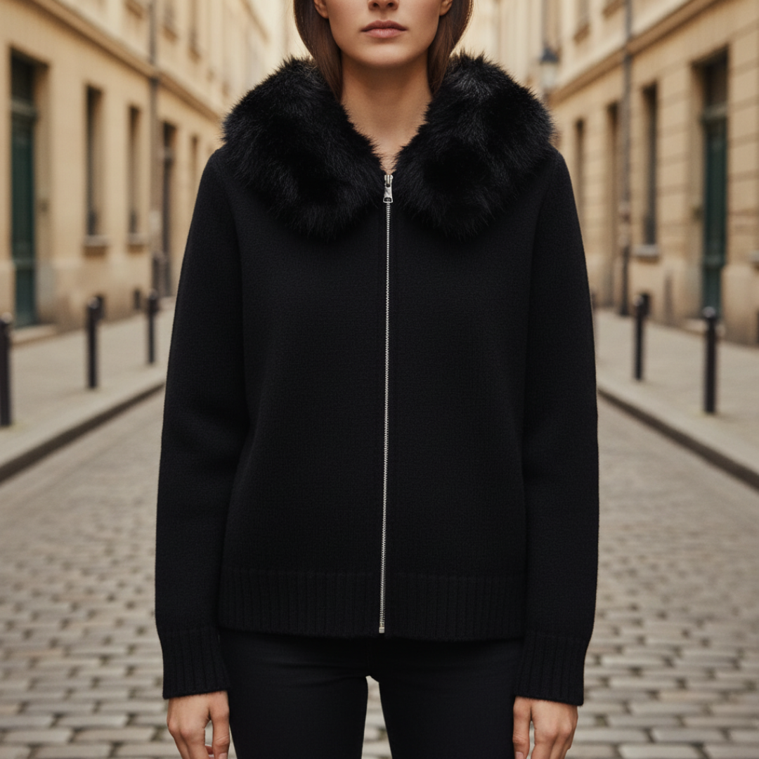 Women's mixed fabric jacket with synthetic fur collar, warm everyday style for cold weather