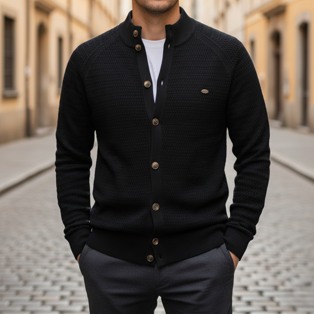 Men's soft yarn button-front cardigan with structured high collar for versatile all-season layering