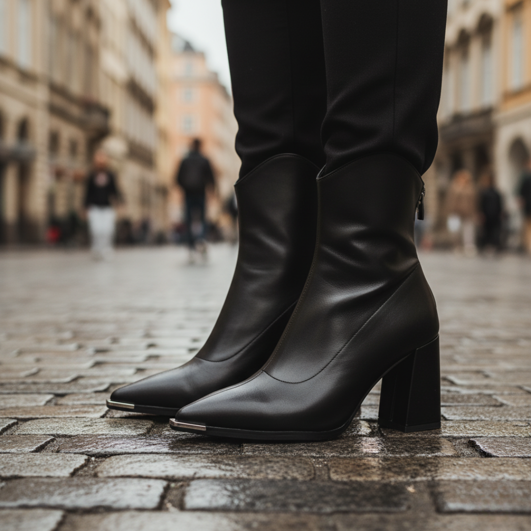 Women's black brown synthetic leather ankle boots square heel side zipper elegant everyday style