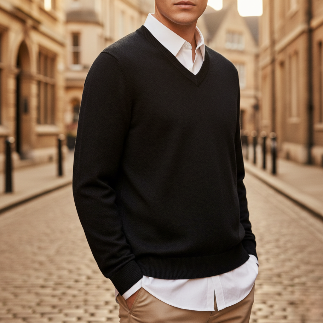 Men's classic V-neck sweater soft knit fabric regular fit versatile layering essential for office casual