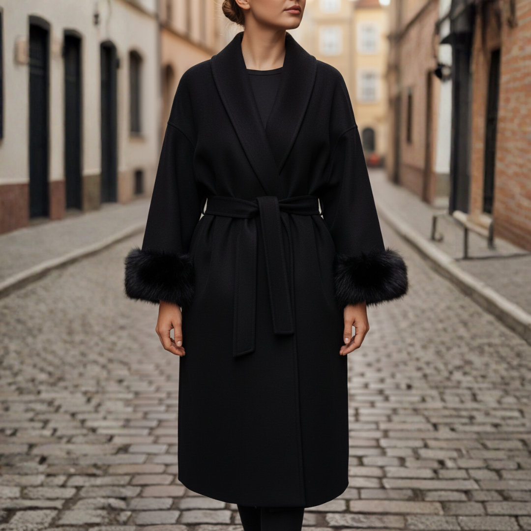 Women's belted wrap wool cashmere long coat with faux fur cuffs, elegant winter style