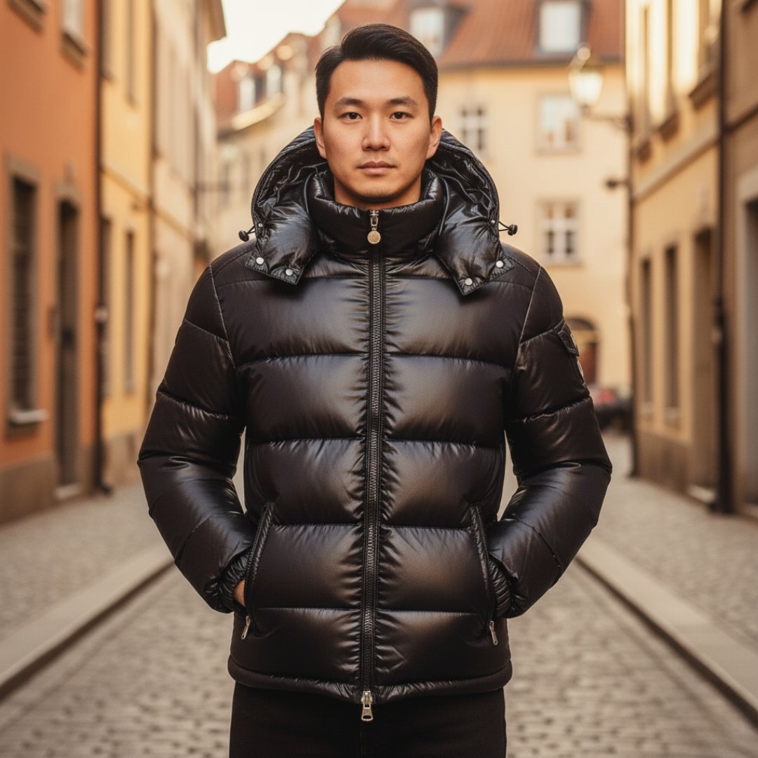 Men's waterproof hooded down jacket, lightweight insulated winter outerwear with adjustable hood