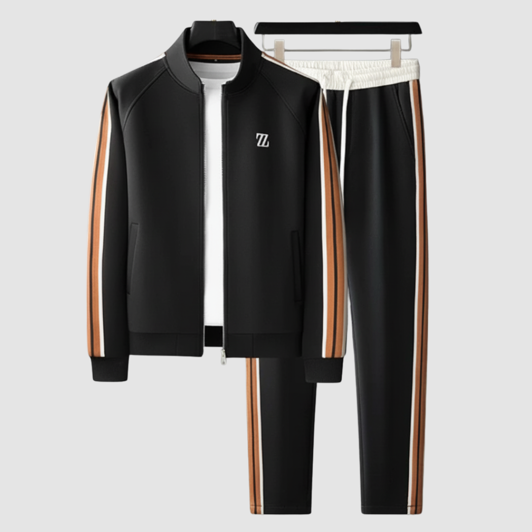 Men's striped tracksuit set navy full-zip jacket stand-up collar contrast stripe athletic fit