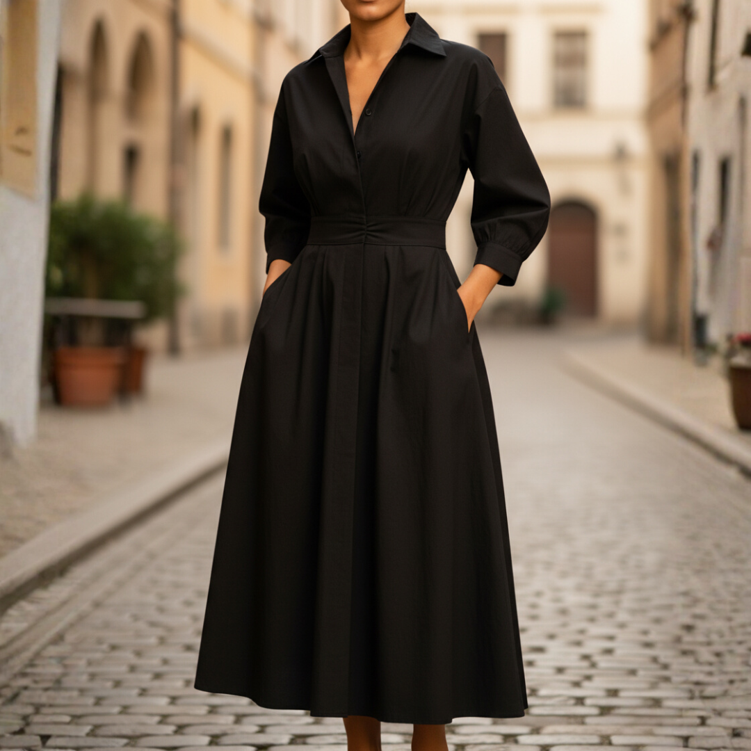 Women's collared long sleeve dress elegant relaxed silhouette refined neckline for formal or casual wear