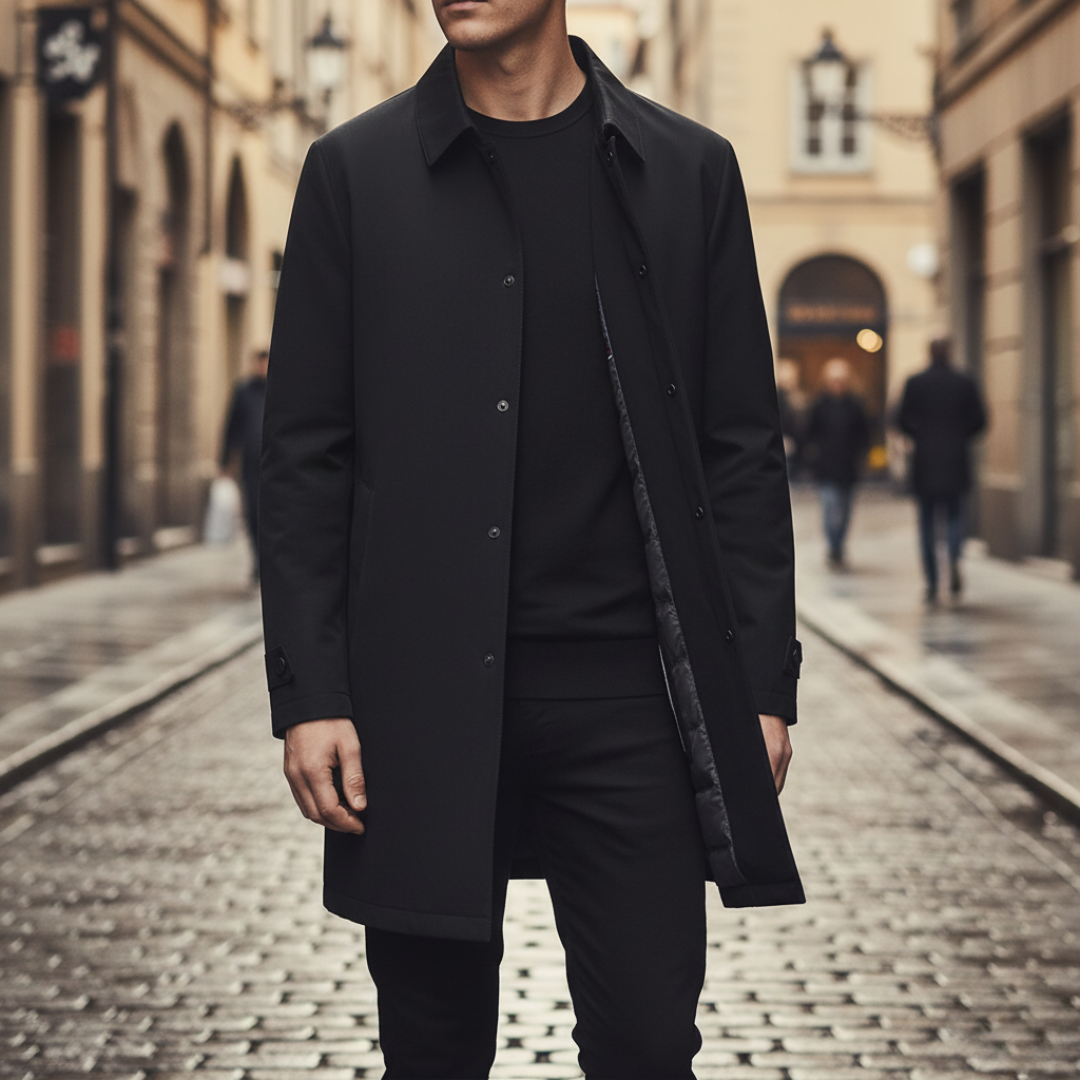 Men's black navy polyester button-front coat slim versatile formal casual durable timeless outerwear