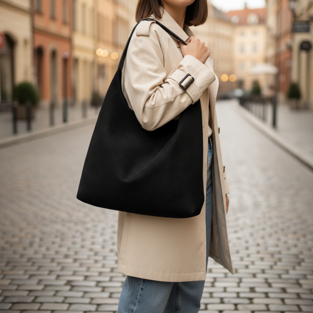 Soft fabric women's tote bag with wide handle and matching clutch set, elegant everyday style