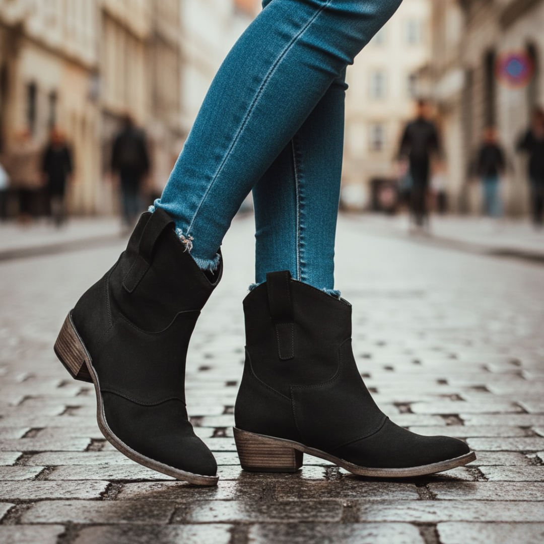 Women's black faux leather Chelsea boots, sleek pull-on silhouette with elastic side panels