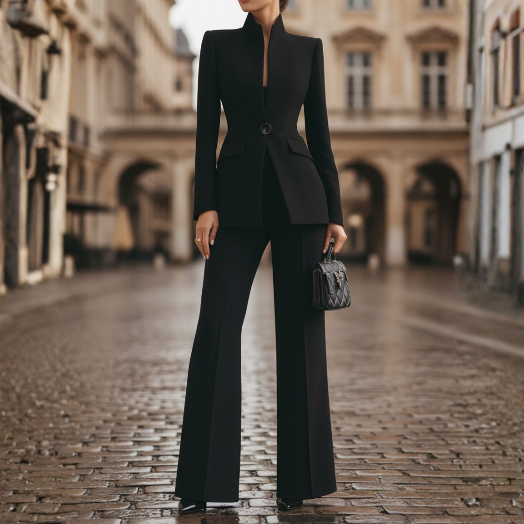 Women's black tailored wide-leg pant suit set elegant polyester blazer formal professional look