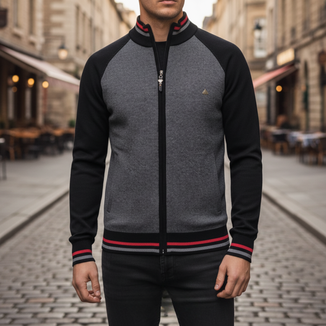 Men's zip-up polyester sweatshirt sporty style with striped cuffs and hem, durable casual layer