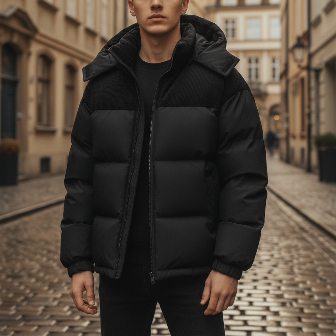 Men's windproof hooded puffer coat in neutral tones, durable down jacket with adjustable hood
