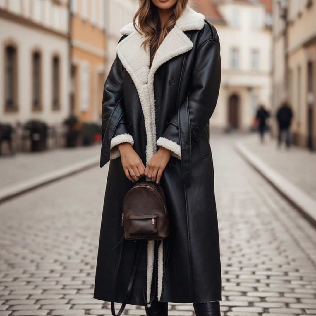 Women's synthetic leather coat with fur collar and front button closure, warm winter style