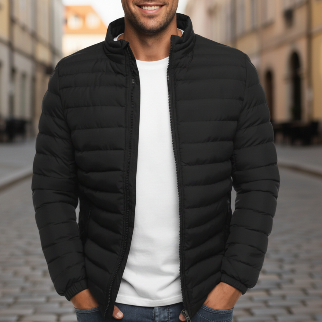 Men's black puffer down jacket durable quilted coat cold weather active outdoor wear