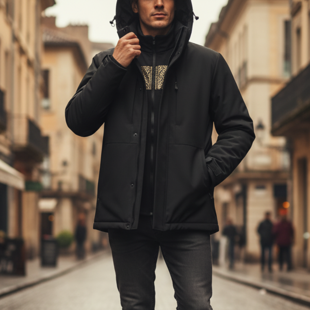 Men's yellow waterproof jacket adjustable hood durable polyester all-weather protection modern fit