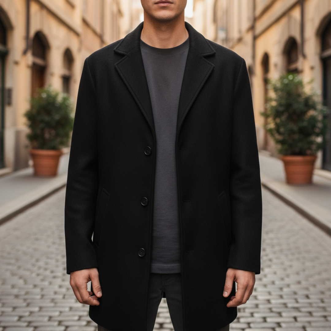 Men's slim fit tailored winter coat, heavy polyester, notch lapel two-button single-breasted silhouette