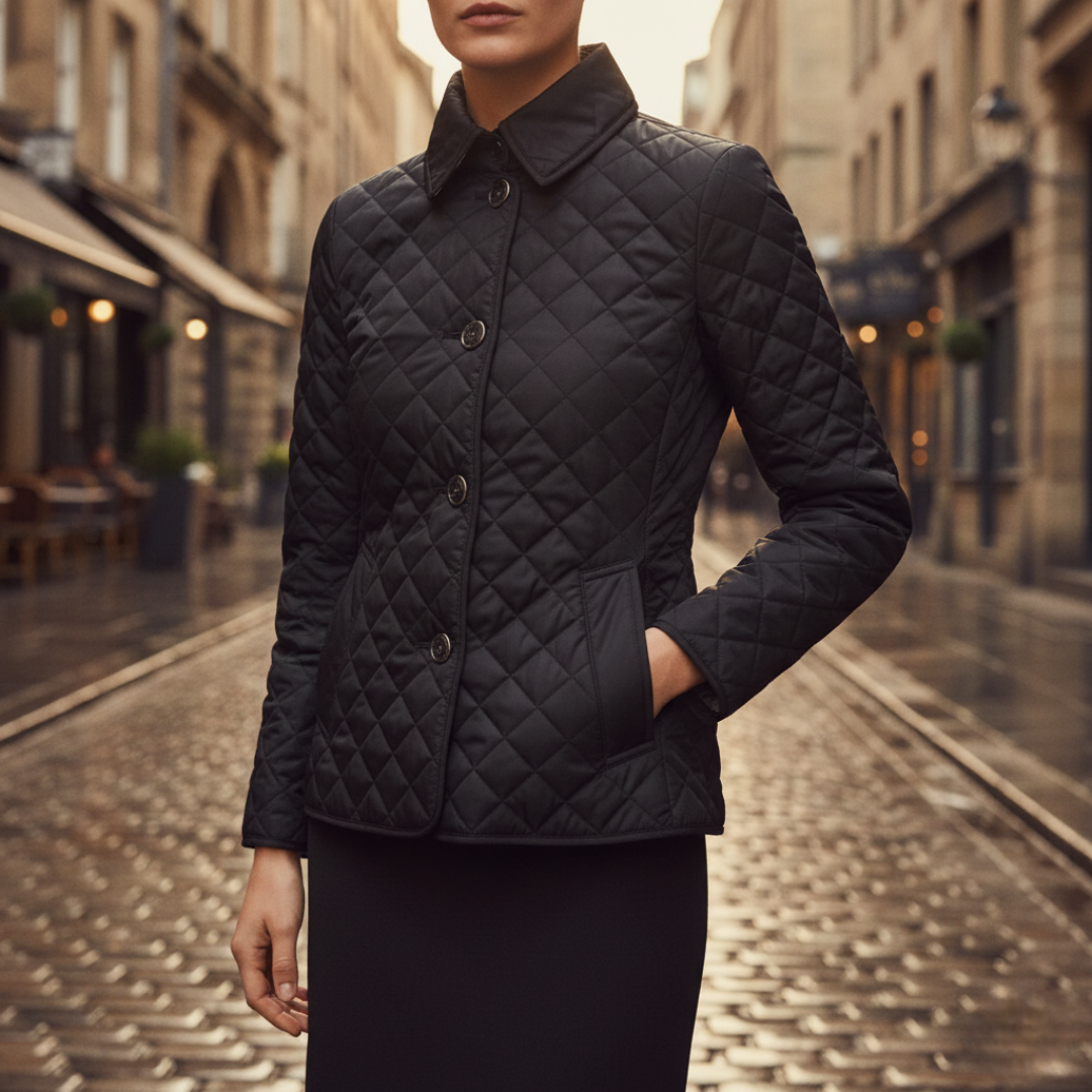 Women's lightweight quilted diamond-pattern jacket with button closure, polished shirt collar, versatile mid-season layer