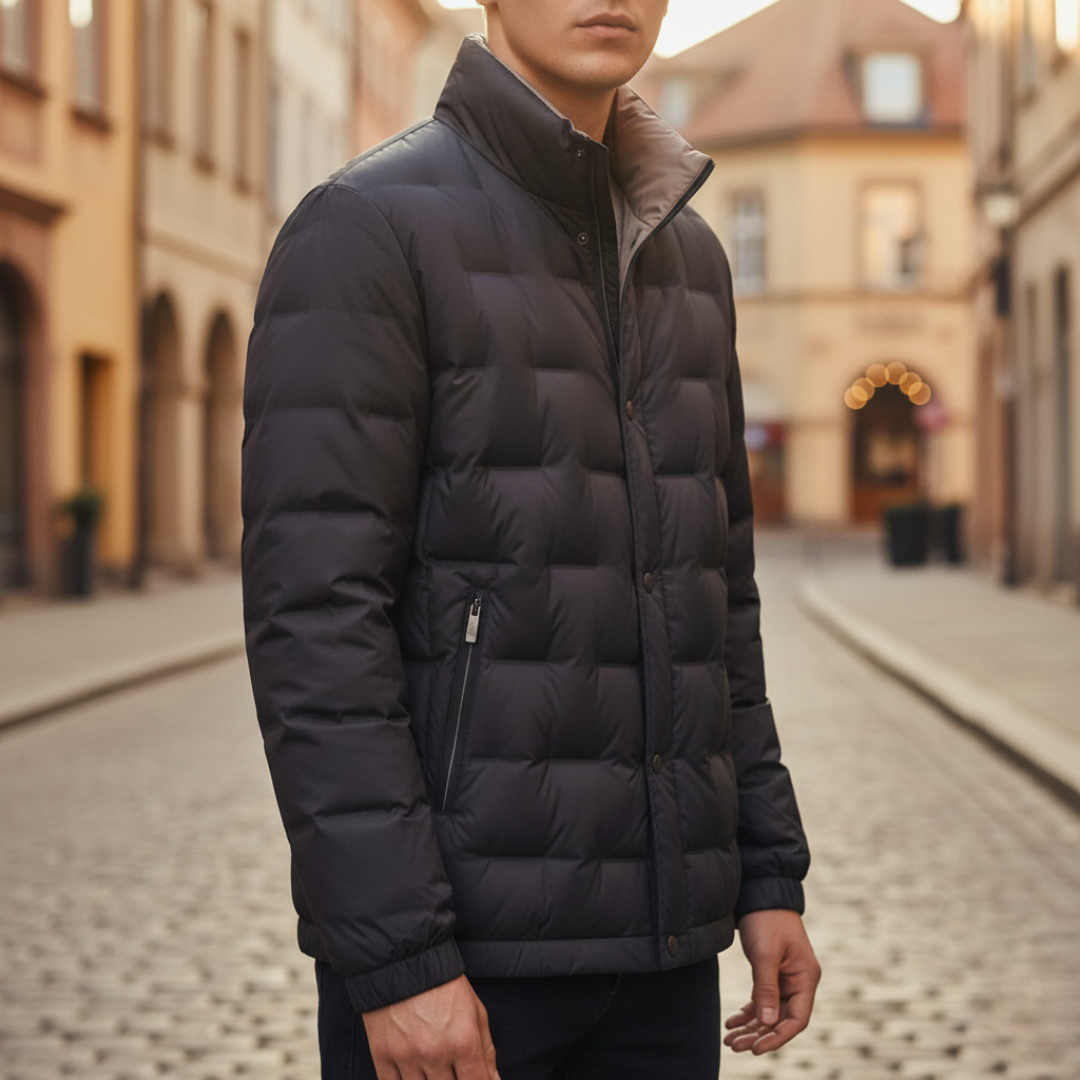Men's gray lightweight polyester down jacket with full zipper, slim modern cut for cold weather outdoor wear
