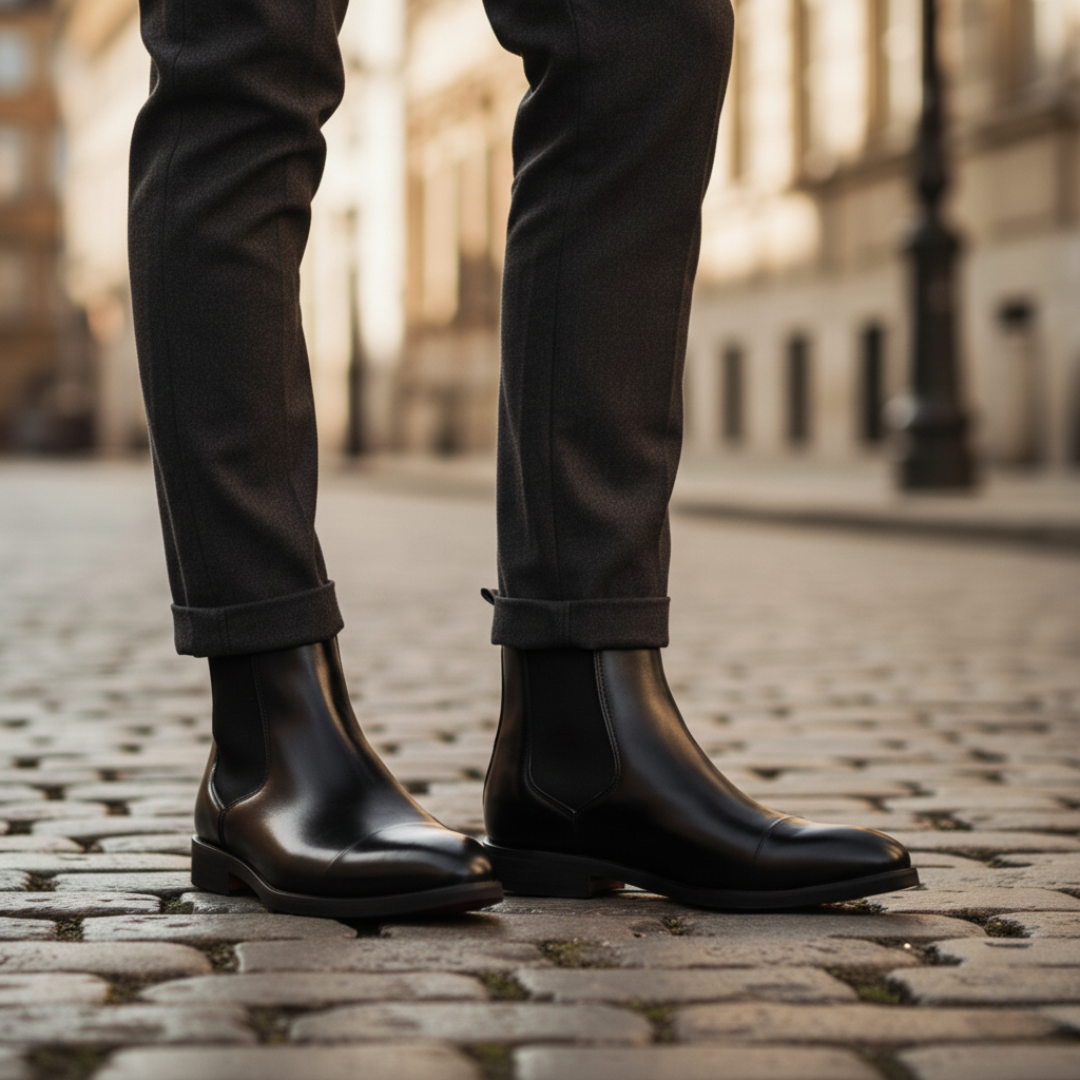 Men's brown synthetic leather Chelsea boots with elastic side panels for all-day comfort
