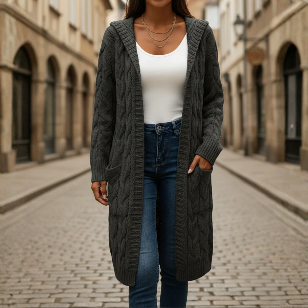 Women's long knit cardigan with pockets in light gray, black, beige or pink, cozy relaxed fit