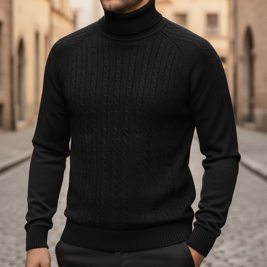 Men's fitted cable knit turtleneck sweater in polyester, sleek cold weather style