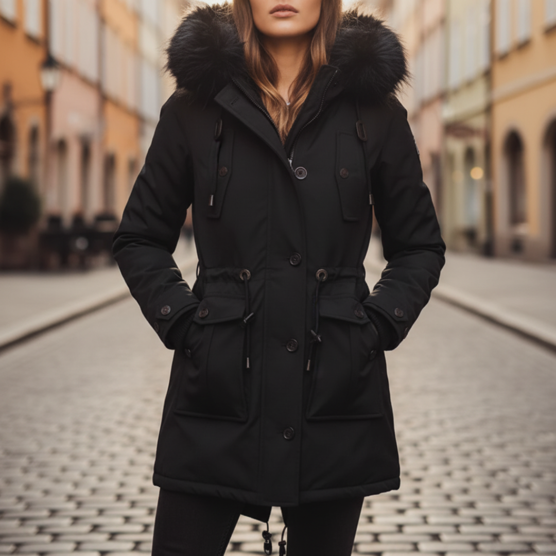 Women's hooded parka with synthetic fur-trimmed hood, zip-button closure, casual winter outerwear with pockets