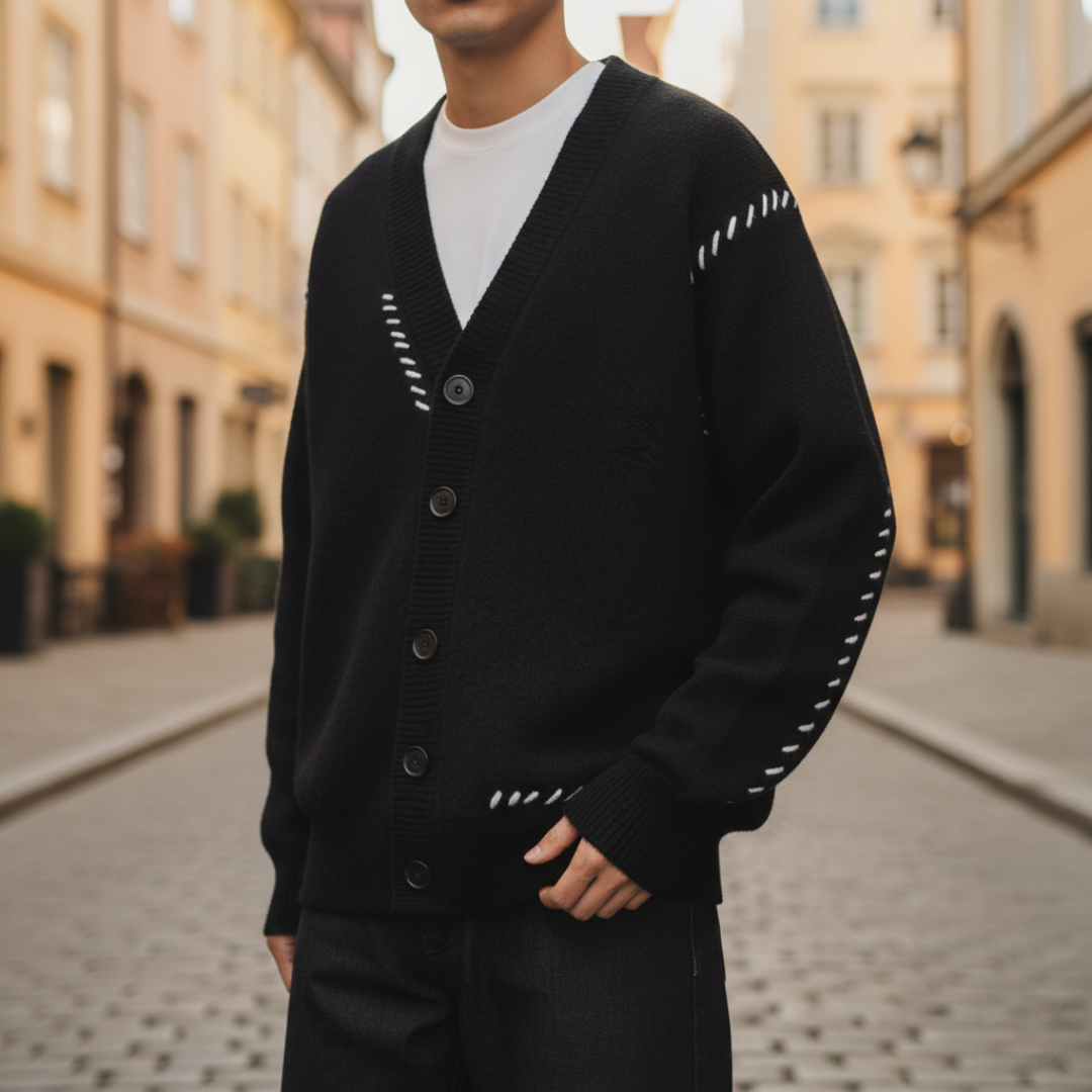 Men's button-front cardigan in beige durable fabric, casual modern fit with versatile layering design