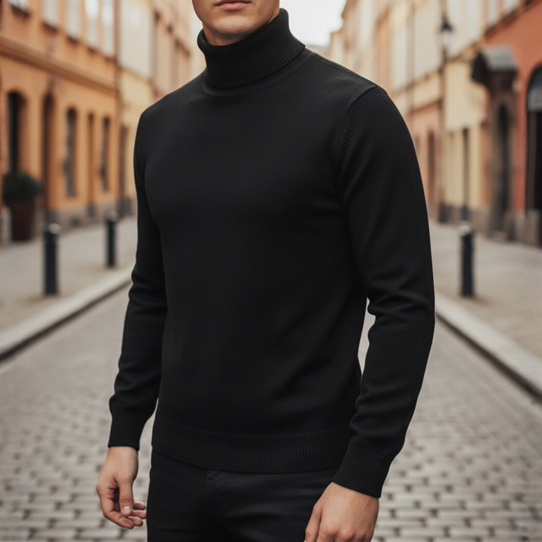 Men's black turtleneck sweater mixed fabric high-collar slim-fit versatile casual semi-formal winter