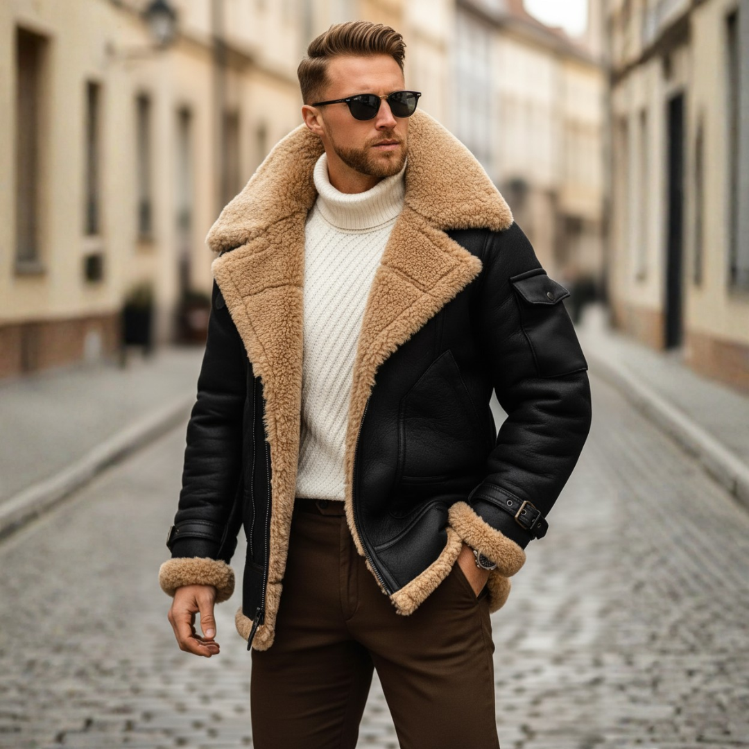 Men's waterproof faux fur trim jacket with thermal padding and plush fleece lining for winter warmth