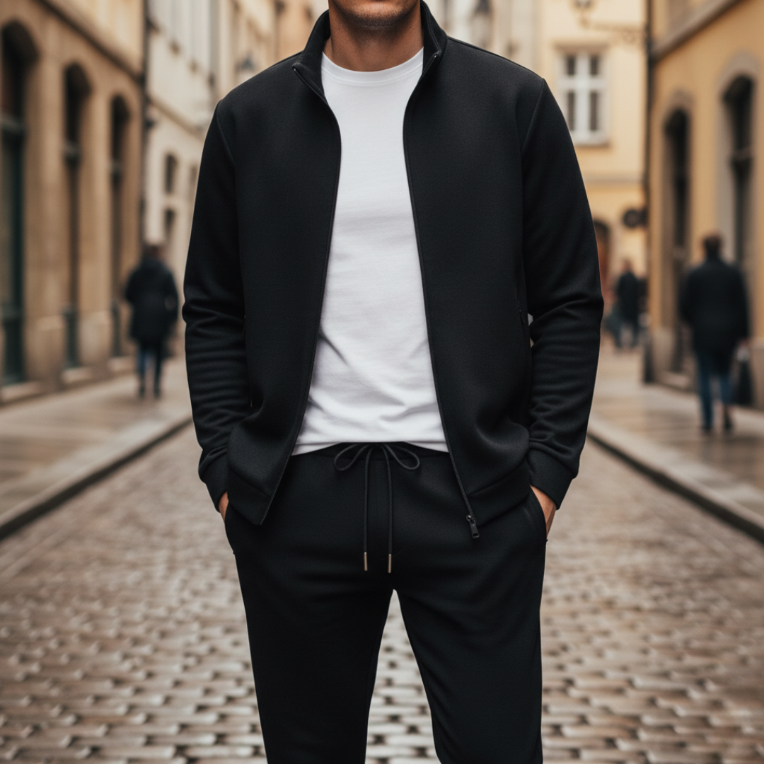 Men's black navy blue hooded zip tracksuit jumpsuit breathable polyester casual everyday wear