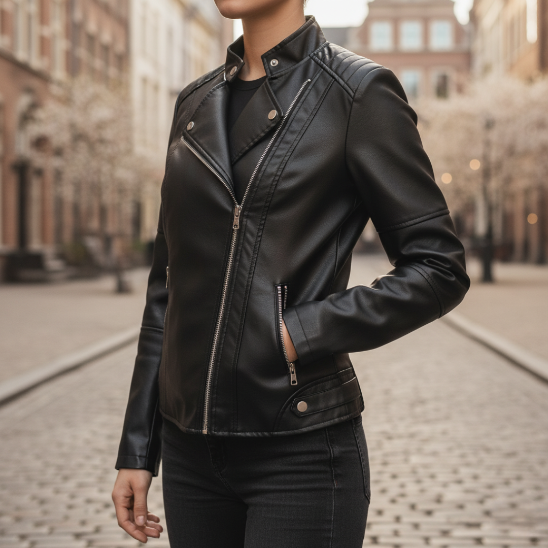 Women's slim fit faux leather jacket with front zip closure, available in black, brown, khaki, and red