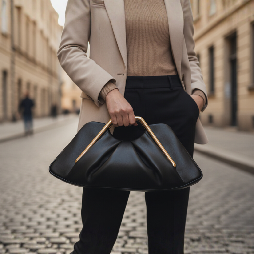 Black faux leather tote bag with gold handle, chic spacious design for women