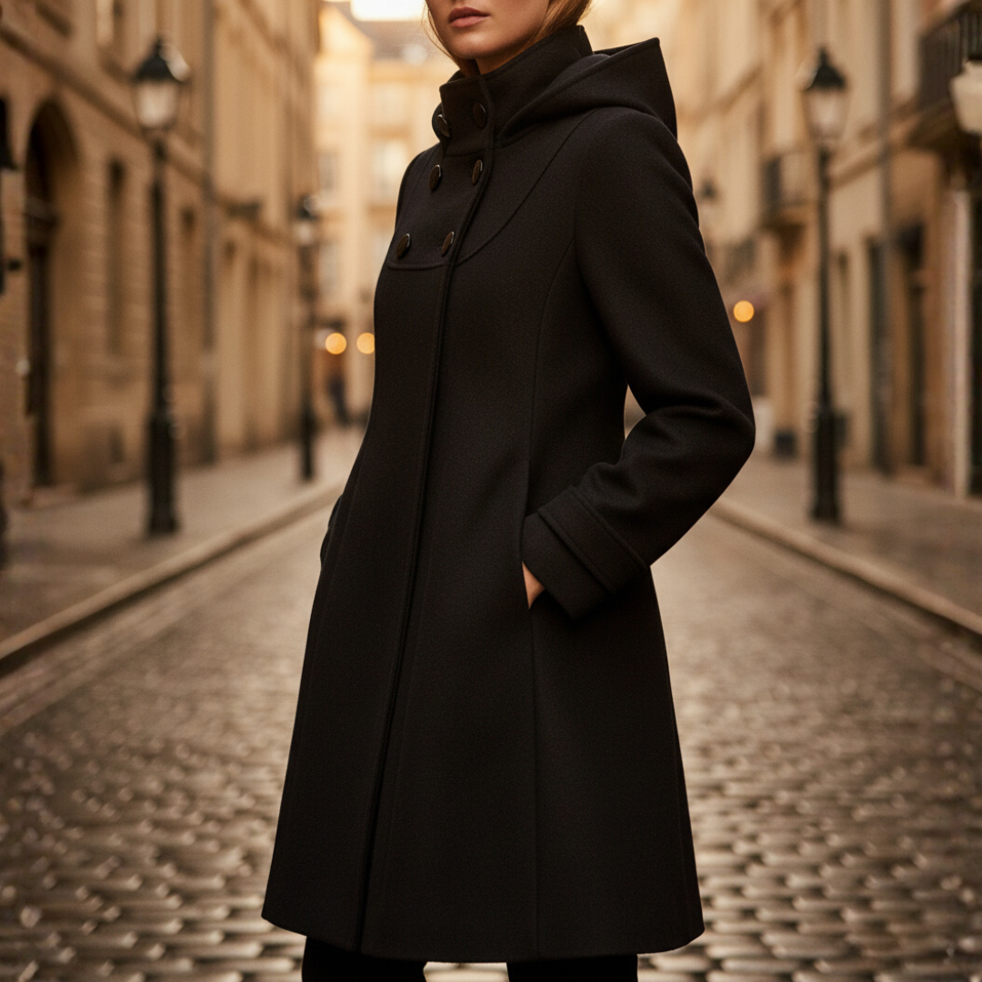 Women's mixed material hooded winter coat with button closure, pockets, warm seasonal protection