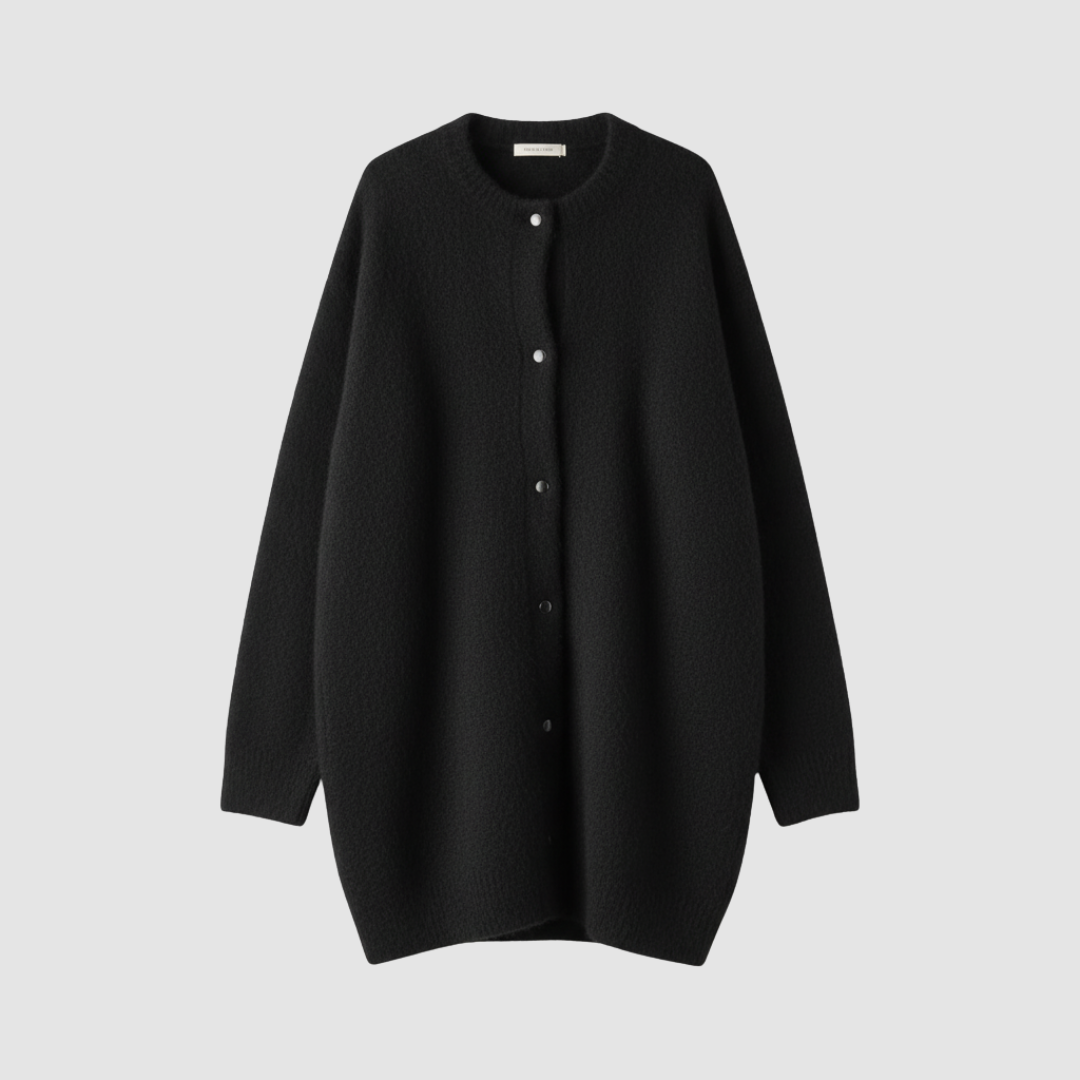 Women's oversized fuzzy knit cardigan with front button closure, cozy brushed finish for everyday warmth